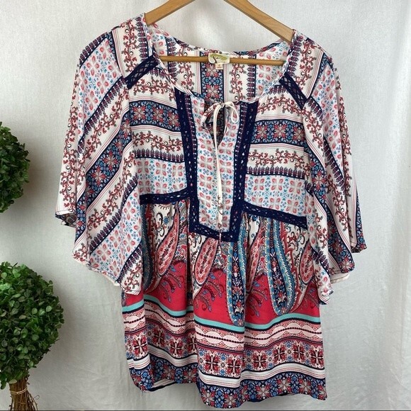 Fig & Flowers Anthropologie Floral Short Sleeve Peasant  Boho Blouse Top L - Picture 2 of 7